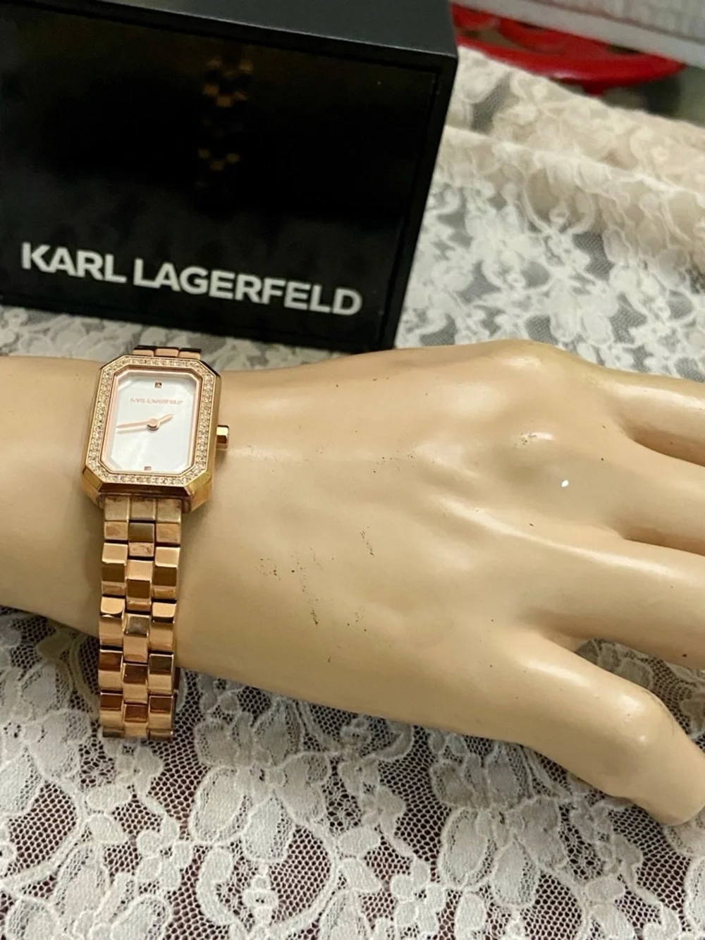 Karl Lagerfeld, KL6107, Rose Gold Tone Rhinestones Quartz Ladies Watch w/ Box